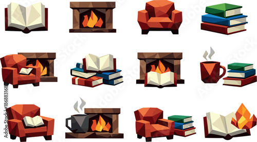 Fireplace Reading Icons. Geometric low-poly vector icons depicting reading by a fireplace with books, armchairs, and flames built