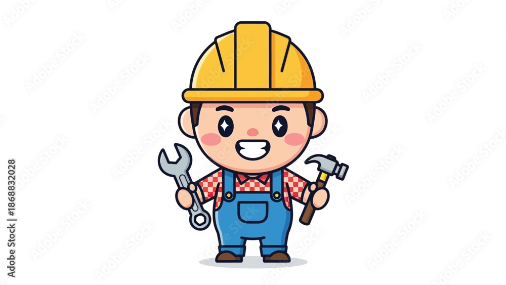 Obraz premium Cartoon Builder with Tools and Hard Hat.