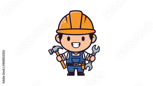 Cartoon Builder Holding Hammer and Wrench.