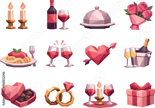Low-Poly Dinner Icons. Stylized low-poly romantic dinner icons designed with sharp angular polygons and faceted candlelight and
