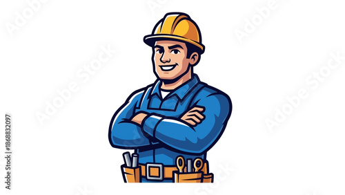 Cartoon Construction Worker Wearing Hard Hat.
