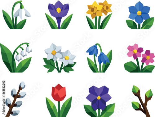 Spring Flowers Icons. Professional low-poly vector icon collection representing first flowers and the arrival of spring using