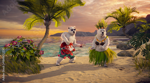 3D Render of  Romantic Polar Bears on Tropical Beach: Hawaiian Sunset Party with Guitar & Hula Dance. Perfect for Vacation, Love, Valentine's Day.