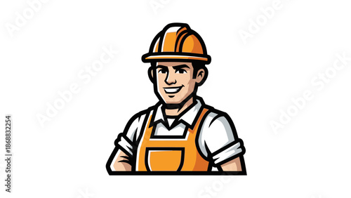 Construction Worker Wearing Hard Hat and Overalls.