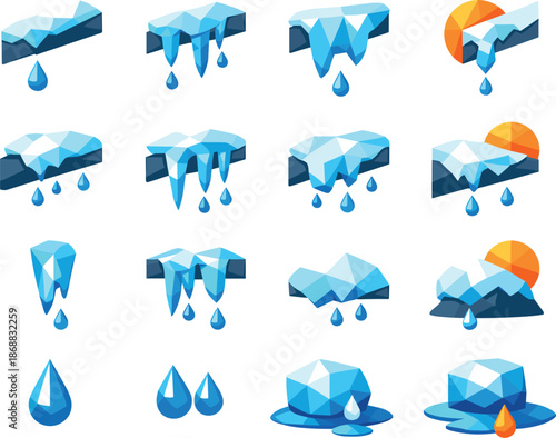Thawing Icicle Icons. Modern low-poly vector illustration set capturing roof drip and thawing icicles through clean triangular