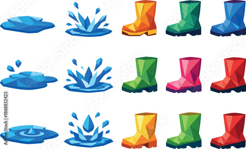 Low-Poly Puddle Icons. Stylized low-poly puddle and boot icons designed with sharp angular polygons and faceted water splash and