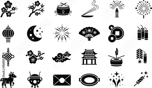 A collection of Chinese New Year celebration icons including lanterns fireworks drums and other traditional symbols.