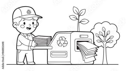 Black and white coloring page of boy recycling paper into machine with recycle symbol and trees — ideal for resource conservation, eco education and sustainable future content.