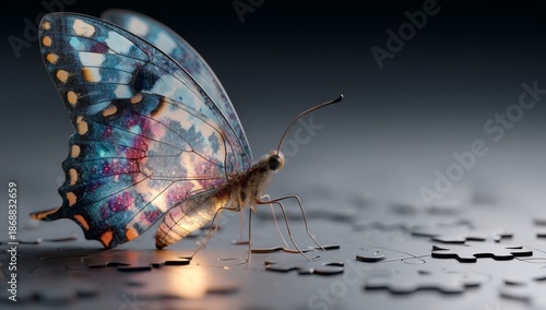 The colorful puzzle butterfly sits on a surface strewn with puzzle pieces, representing autism awareness, neurodiversity, acceptance, and the uniqueness of each individual's journey