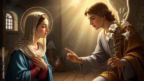 Archangel Gabriel is speaking to Virgin Mary in a warm, illuminated room,  the concept of the Annunciation and symbol of virginity