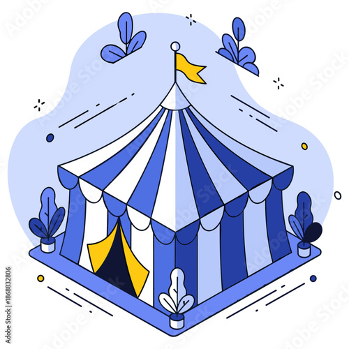 Blue and white circus tent with yellow flag and decorative plants