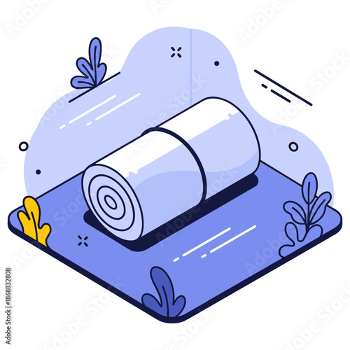 Rolled sleeping bag on blue mat with decorative leaves