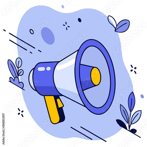 Colorful megaphone illustration with abstract background and leaves