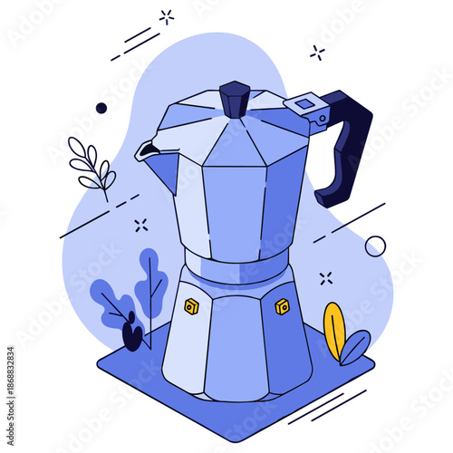 Stylized blue moka pot with geometric design and abstract elements