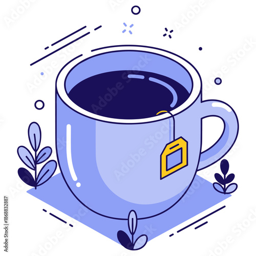 Blue cup of tea with tag and decorative elements