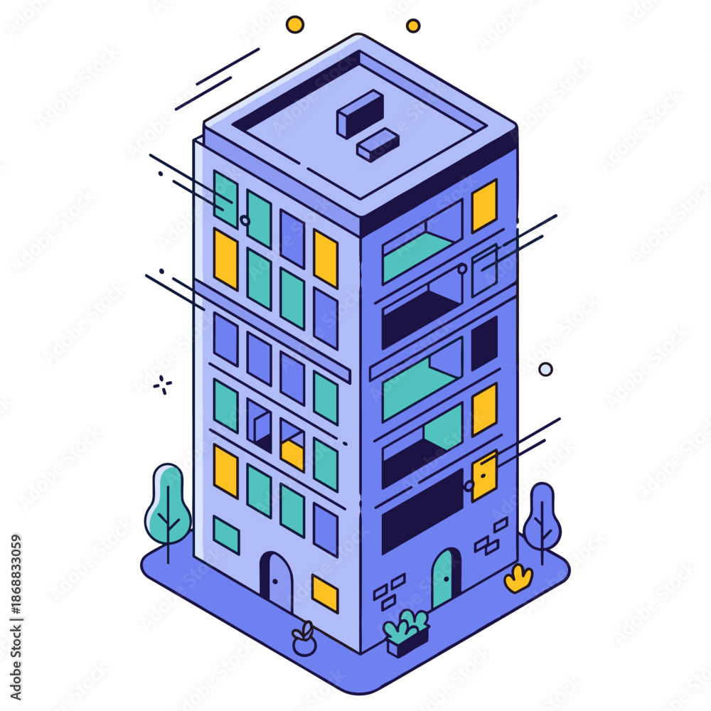 Obraz premium Isometric illustration of a modern multi-story building with geometric design