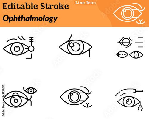 A modern minimalist ophthalmology icon in a character style. Showcases an eye symbol with element like a medical cross lens. Vision representing eye care vision testing optometry ophthalmic treatment.
