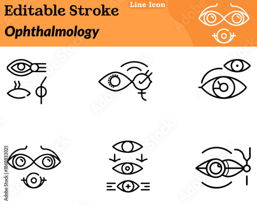 A clean modern ophthalmology icon designed in a character style. Features a stylized eye combined with medical. Elements such as a cross lens vision chart symbolizing eye care vision health diagnosis.