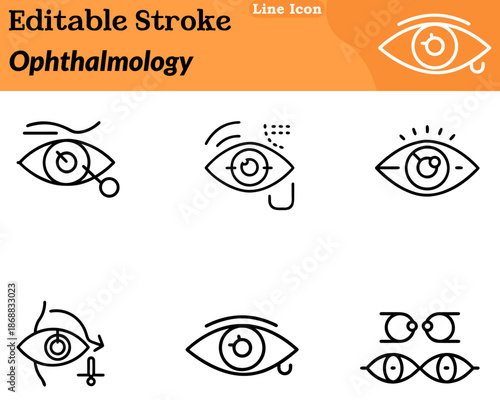A clean modern ophthalmology icon designed in a character style. Features a stylized eye combined with medical. Elements such as a cross lens vision chart symbolizing eye care vision health diagnosis.