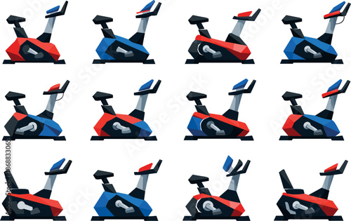 Low-Poly Bike Icons. Stylized low-poly stationary bike icons designed with sharp angular polygons and faceted fitness equipment
