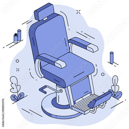 Blue barber chair illustration with minimalistic design and scissors in background