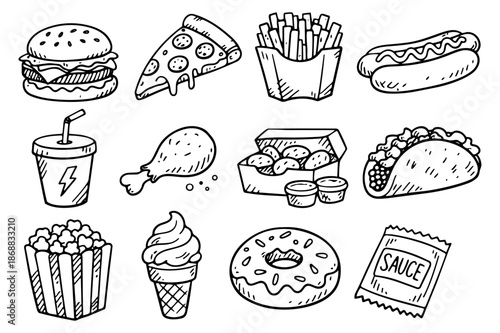 Hand drawn line art fast food set featuring a burger, pizza, fries, hot dog, drink, and other popular snacks for cafe and restaurant menu designs
