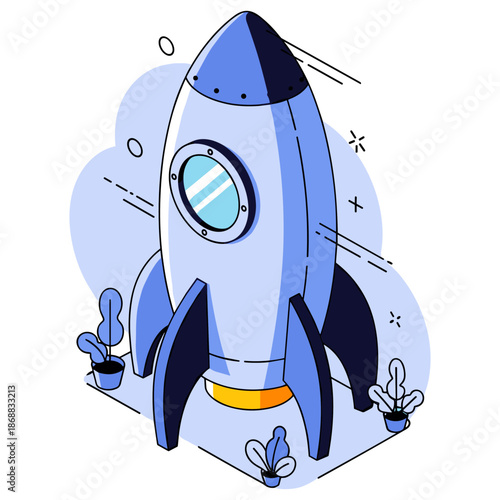 Blue cartoon rocket with porthole window and small plants on platform