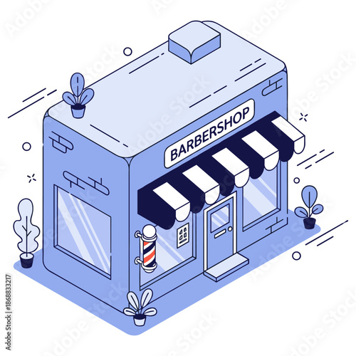 Isometric illustration of a modern barbershop with striped awning and potted plants