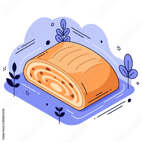 Colorful abstract bakery design featuring swiss roll dessert and stylized botanical elements