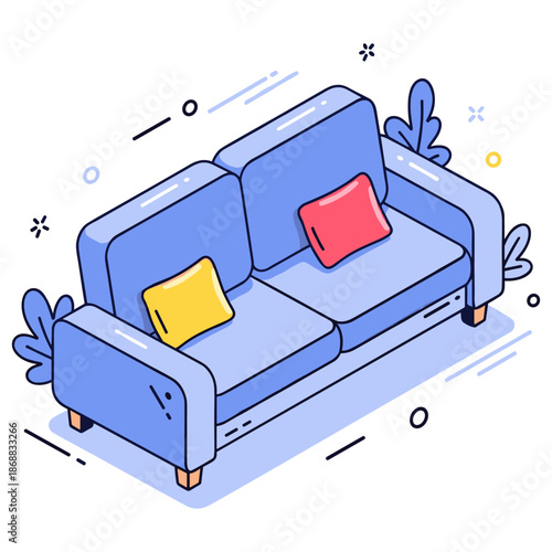 Minimalist blue sofa with colorful cushions in modern design