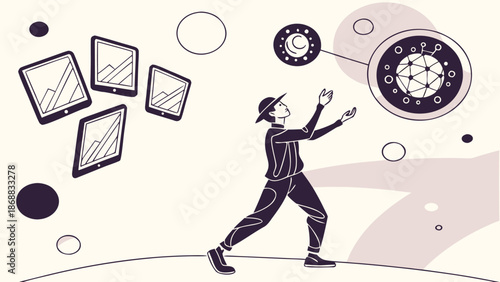 Digital Realm Explorer: An illustrated figure interacts with digital tablets and cosmic elements, exploring the fusion of technology and abstract concepts. 