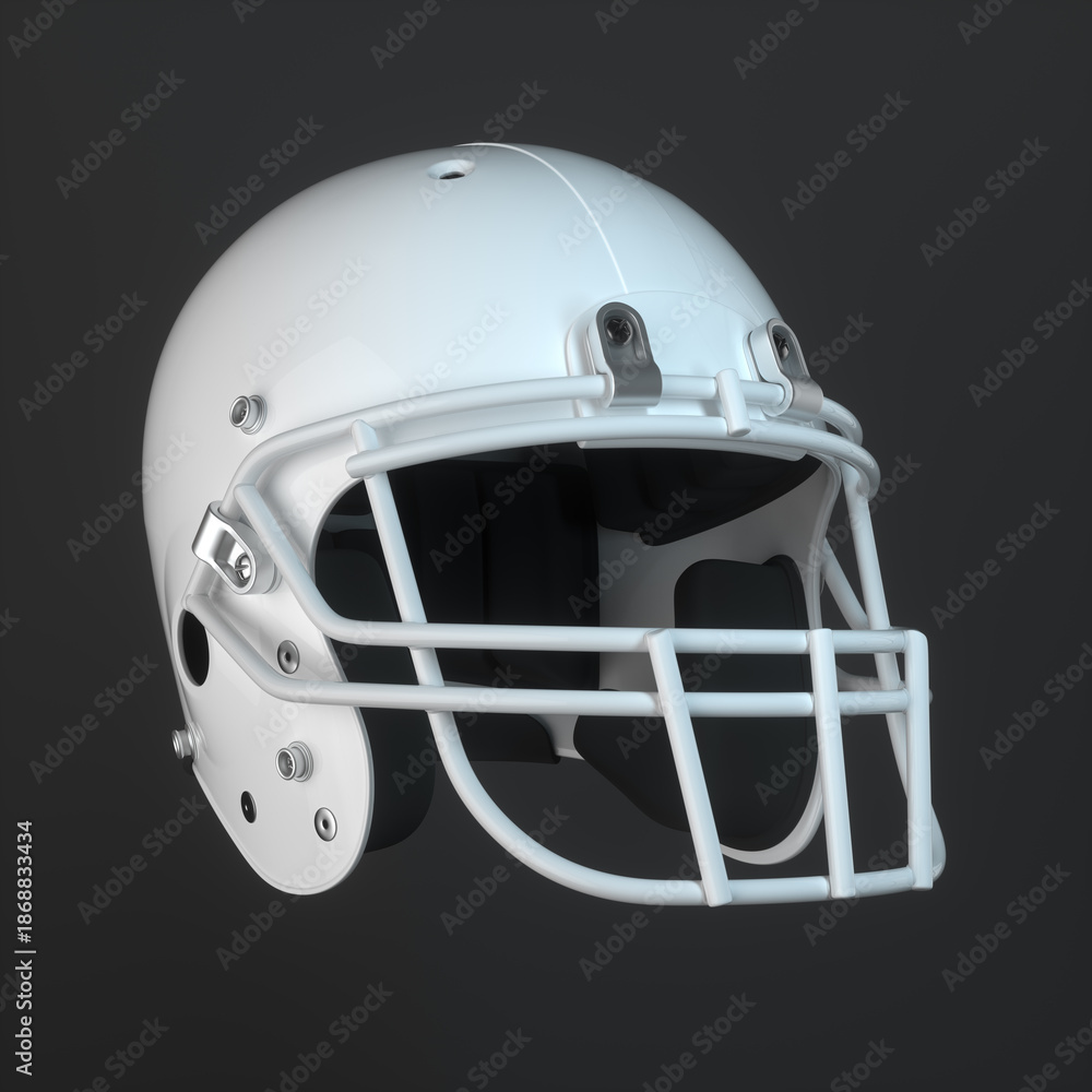 Fototapeta premium Detailed 3D render of a white American football helmet with a metal faceguard on a dark studio background.
