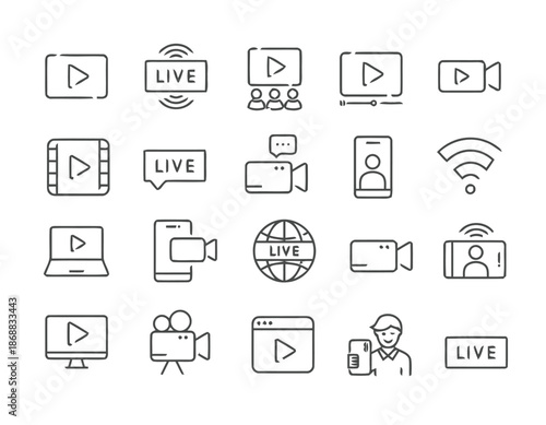 Set of live stream icons in trendy line style isolated on white background concept of broadcast online with video play communication for modern infographic