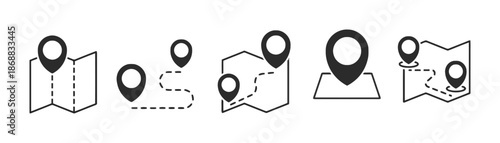 Set of Location Map Icons Navigation Signs Route Destination Place Direction Vector Flat Design Map Pointer Symbol Indicate Position on Ground Journey Path Plan Guide