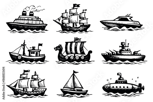Hand drawn line art boats and ships set featuring a cruise ship, sailing vessels, and a submarine for marine transportation concepts