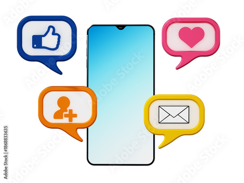 Social media symbols inside speech balloons on smartphone isolated on transparent background. 3D illustration