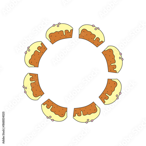 Cute round wreath with doodle glazed Easter kulich cakes isolated on white background. Italian panettone biscuits.