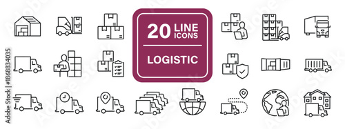 Set of Logistic Icons Illustrating Various Aspects of Delivery and Transportation in Outline Style