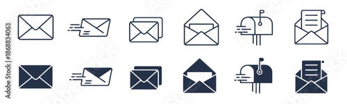 Set of Mail Letter Outline and Glyph Icon Style Correspondence Message Vector Symbol Design Elements on White Background Editable Stroke