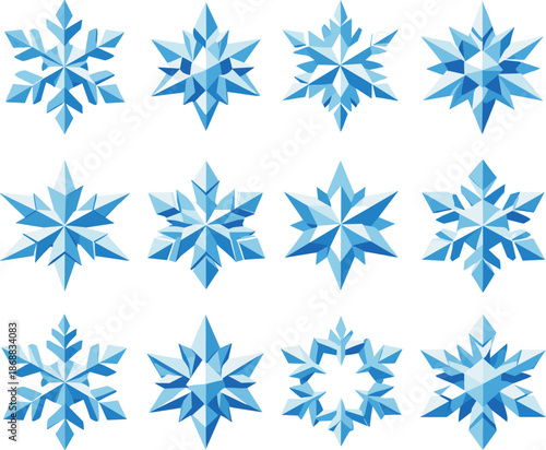 Snowflake Icon Set. Low-poly vector icon set for snowflakes on glass and frosted winter windows, featuring sharp polygonal