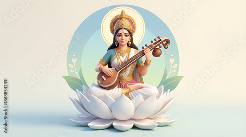 Divine hindu goddess saraswati sitting on lotus flower playing veena instrument for celebrating indian festival basant panchami and saraswati puja spiritual concept art © Koushik