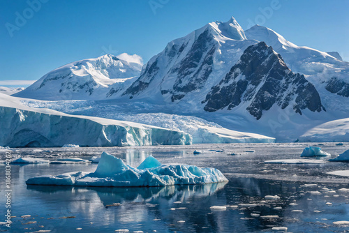 Serene polar landscape featuring snow covered mountains and floating glaciers in calm water