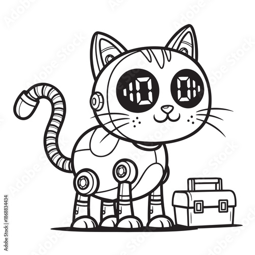 Black and white coloring page of robot cat with digital eyes and toolbox — ideal for futuristic pets, AI companionship and children’s tech activity