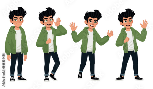Animated young male character in green jacket with various happy expressions