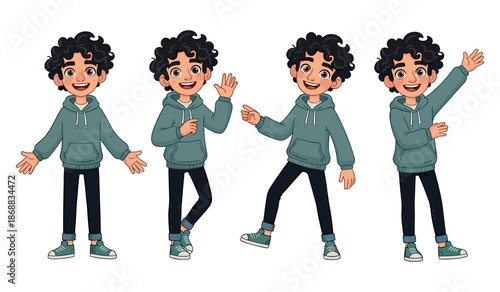 Animated young hispanic male character in various poses wearing hoodie and sneakers