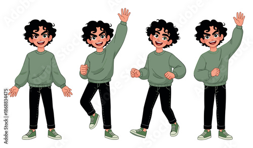 Animated young boy with curly hair in various cheerful poses and expressions
