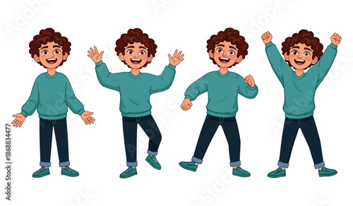 Animated young hispanic male child expressing joy in various poses