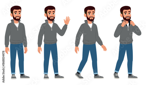 Animated caucasian male character in various poses wearing casual outfit