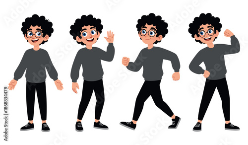 Animated young male character with curly hair in various poses