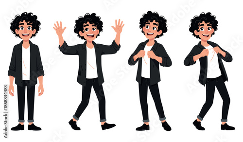Young caucasian male cartoon character with curly hair and black outfit in various poses